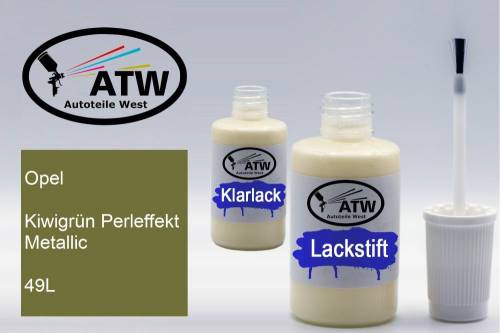 Opel, Kiwigrün Perleffekt Metallic, 49L: 20ml Lackstift + 20ml Klarlack - Set, von ATW Autoteile West.